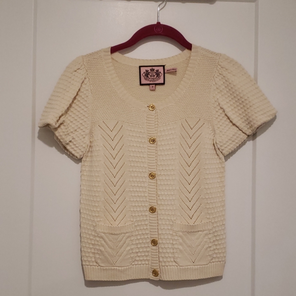 Juicy Couture Cream Knit Cardigan Sweater Gold Buttons P Petite